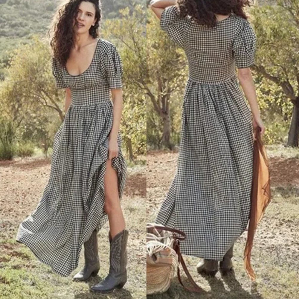 NWT DOEN Kennedy Gingham Maxi Dress Boho Puff Sleeve Black & White Size Small - Picture 1 of 16